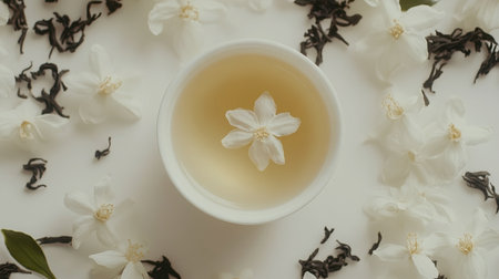 A serene image of jasmine tea in a white cup surrounded by delicate flowers. This composition evokes calmness, wellness, and the beauty of nature, perfect for relaxation themes.の素材