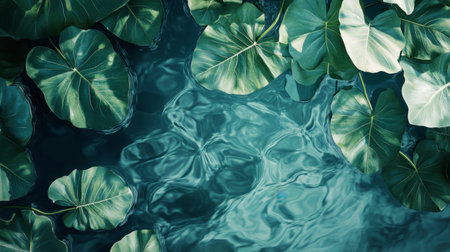 This serene image captures the tranquil beauty of green lily pads floating on a calm water surface, reflecting gentle ripples under soft lighting.の素材