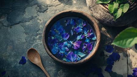 A serene display of blue and purple petals floating in a wooden bowl on a rustic stone surface, evoking tranquility and natural beauty in any setting.の素材