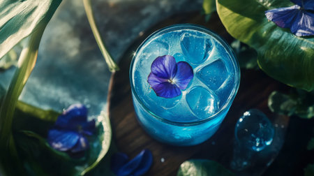 Enjoy a visually striking blue cocktail adorned with an edible flower and ice cubes, perfect for summer gatherings or stylish events.の素材