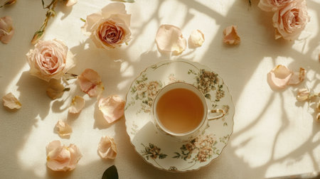 Enjoy a tranquil tea moment with an elegant cup surrounded by delicate rose petals, sunlight casting beautiful shadows, creating a serene atmosphere.の素材