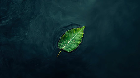 A vibrant green leaf floats effortlessly on a dark, serene water surface, capturing the essence of tranquility and simplicity in nature's beauty.の素材