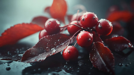 A stunning close-up of vibrant red berries resting on dark leaves, adorned with water droplets, showcasing nature's beauty and vibrant colors in detail.の素材
