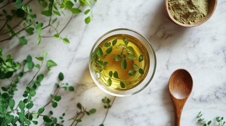 A soothing herbal infusion displayed in a clear glass with fresh green leaves, resting on a stylish marble surface, perfect for wellness and relaxation.の素材