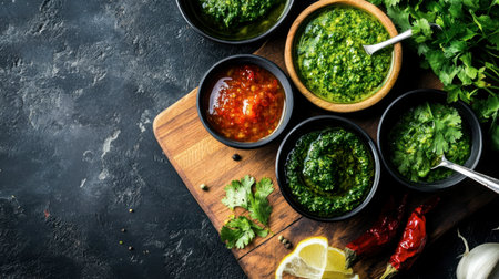 A rustic wooden board displays an array of fresh herb sauces and condiments in bowls. Each sauce showcases vibrant colors and textures, perfect for enhancing any dish.の素材
