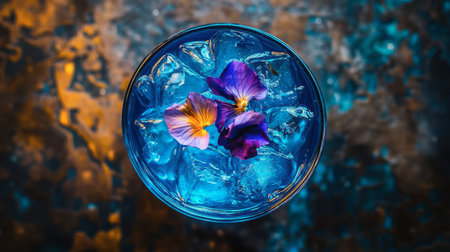 A stunning blue cocktail served in a glass filled with ice, adorned with vibrant edible flowers. Perfect for summer gatherings and elegant celebrations.の素材