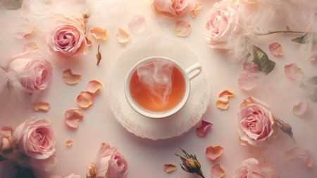 A charming scene featuring a delicate tea cup amidst soft pink roses and scattered petals. This serene arrangement inspires relaxation and beauty, perfect for afternoon tea.の素材
