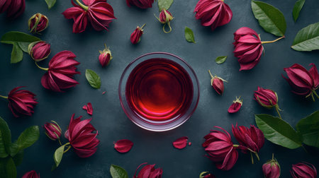 A stunning image featuring a vibrant herbal drink in a glass cup, surrounded by fresh red flowers and green leaves, showcasing natural beauty and tranquility.の素材