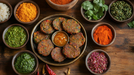 Discover a vibrant display of spices, herbs, and delicious vegetable patties. This image captures the essence of Indian culinary traditions and flavors.の素材