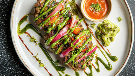 Experience a mouthwatering grilled meat dish adorned with vibrant herbs and sauces, perfect for food lovers seeking healthy and flavorful meals.の素材
