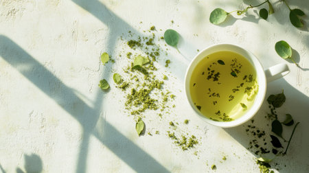 A serene scene featuring a white cup of fresh herbal tea surrounded by green leaves. Sunlight casts gentle shadows, enhancing the calming atmosphere.の素材