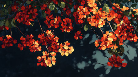 A stunning display of vibrant red and orange blossoms hangs gracefully against a dark background, highlighting the beauty and tranquility of nature.の素材