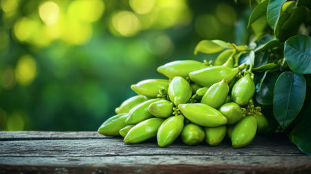A beautiful cluster of green fruit rests on a rustic wooden table, surrounded by a soft bokeh background. This image captures the essence of freshness and nature's bounty.の素材