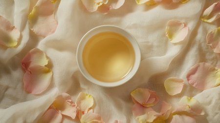 A tranquil tea setting featuring a delicate cup surrounded by soft flower petals. Perfect for promoting relaxation, wellness, and peaceful moments.の素材