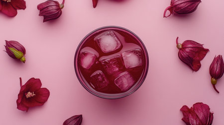 A stunning overhead view of a refreshing hibiscus drink with ice cubes, elegantly placed amidst vibrant pink flowers. Perfect for summer inspiration.の素材
