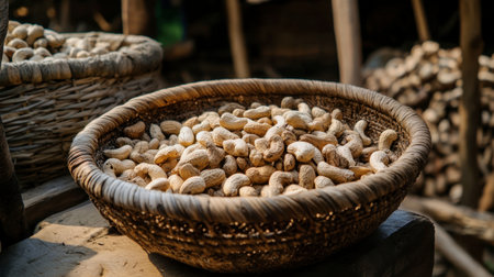 A rustic basket filled with freshly harvested peanuts showcases the richness of farm life. The natural colors and textures highlight the healthy snack.の素材
