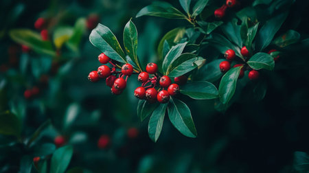 A captivating closeup of lush green leaves adorned with bright red berries, showcasing nature's beauty and the vibrant colors of the organic world.の素材