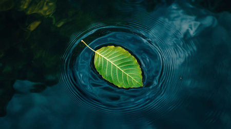 A vibrant green leaf gently floats on the surface of calm water, creating delicate ripples that enhance the serene and peaceful atmosphere of this nature scene.の素材