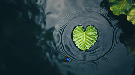 A heart-shaped leaf peacefully floats on a water surface, creating gentle ripples. This serene scene captures the beauty of nature in a tranquil setting.の素材
