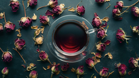 A serene composition featuring a glass cup of rose tea surrounded by dried rose buds, offering a calming, aromatic experience perfect for relaxation and wellness.の素材