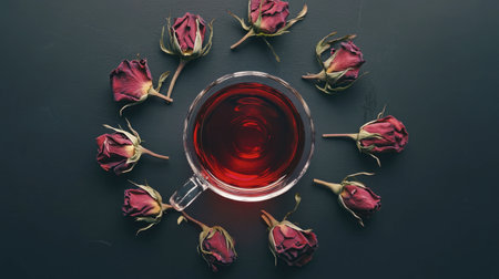 This image features a cup of herbal tea surrounded by dried roses, creating a calming and aesthetically pleasing still life arrangement ideal for relaxation and beauty.の素材