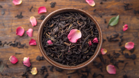 Discover the enchanting blend of aromatic black tea leaves and delicate rose petals in a wooden bowl, perfect for a serene moment or a gourmet beverage experience.の素材