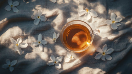 An inviting scene featuring a glass cup of warm tea surrounded by delicate white flowers. Perfect representation of relaxation and tranquility.の素材