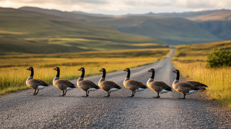 A group of geese crossings a quiet road during a beautiful sunset. The landscape's peacefulness enhances the charm and allure of nature's wildlife scene.の素材