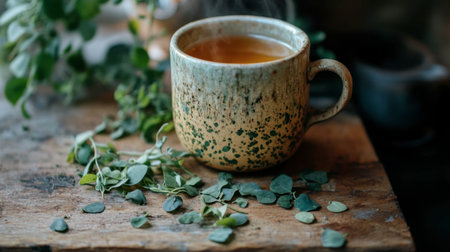 A rustic cup of herbal tea sits on a wooden table surrounded by fresh herbs. The steam rising creates a warm, inviting atmosphere perfect for relaxation.の素材