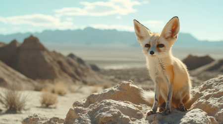 A fennec fox sits gracefully on a rocky surface, showcasing its large ears and soft fur. The desert landscape offers a stunning backdrop of arid mountains and clear blue skies.の素材