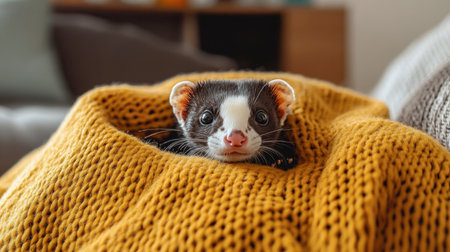 A charming ferret peeks out from a cozy yellow knit blanket, capturing the essence of indoor comfort and playful companionship in a relaxing living room setting.の素材
