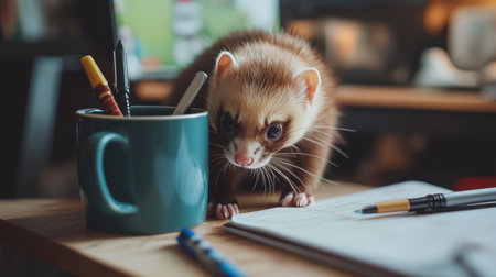 A curious ferret investigates an organized desk filled with office supplies. This charming moment captures the playful spirit of pets in a cozy home environment, perfect for animal lovers.の素材