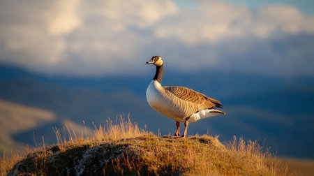 A stunning image of a majestic goose perched on a rock, set against a tranquil landscape. The warm sunlight highlights the bird's feathers, offering a peaceful vibe.の素材