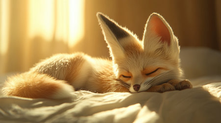 A fennec fox sleeps peacefully in warm light, showcasing its distinctive large ears and soft fur. This serene moment captures the beauty and tranquility of wildlife in a cozy setting.の素材