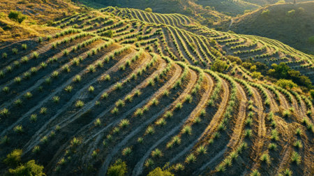 A breathtaking view of agricultural fields featuring curved terraced rows, bathed in warm sunlight. The serene landscape showcases the beauty and intricacies of farming.の素材