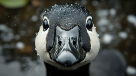 A captivating close-up image of a duck showcasing its expressive eyes and sleek feathers, glistening with water droplets. Perfect for nature enthusiasts.の素材