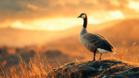 A serene goose stands on a rock during a vibrant sunset. The image captures the beauty of nature in a tranquil landscape, highlighting wildlife. Ideal for nature enthusiasts.の素材