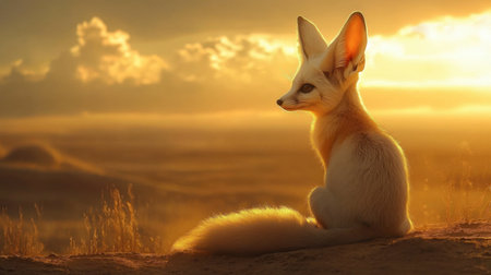 A serene fennec fox sits gracefully against a golden sunset backdrop. The soft clouds and warm light create a peaceful atmosphere in this tranquil desert scene.の素材