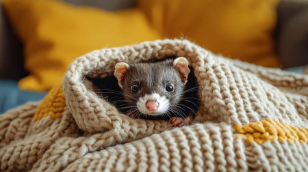 An adorable ferret peeks out from a cozy knit blanket, showcasing a delightful moment of comfort and warmth in a living room setting. Perfect for animal lovers.の素材