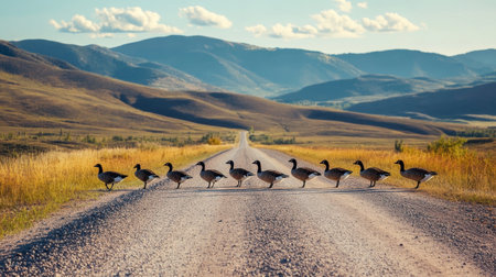 A flock of geese elegantly crosses a gravel road surrounded by picturesque mountains. This serene scene captures the essence of wildlife in a natural setting, perfect for nature lovers.の素材