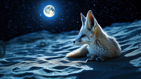 A serene desert scene featuring a fox resting on sand under a bright full moon. The starry night sky creates an enchanting atmosphere, highlighting the fox's delicate features.の素材