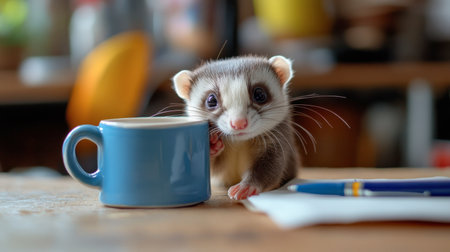 This charming image features a baby ferret curiously peeking over a blue mug, creating an endearing scene on a rustic wooden table. Perfect for animal lovers.の素材