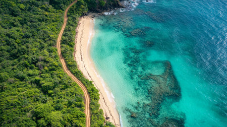 Stunning aerial view of a remote tropical beach featuring golden sand and clear blue water. Ideal for travel, nature, and vacation themes, showcasing pristine beauty.の素材