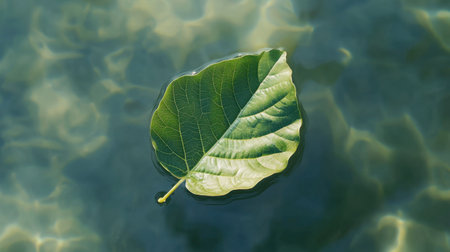 A vibrant green leaf gently floats on a calm water surface, showcasing nature's beauty and tranquility. The reflections and textures create a serene atmosphere.の素材