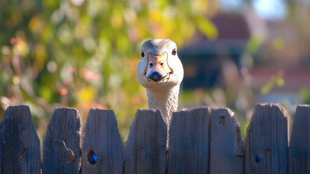 A curious goose peeks over a rustic wooden fence, creating a charming moment. This vivid scene captures the spirit of nature and wildlife in a sunny outdoor setting.の素材
