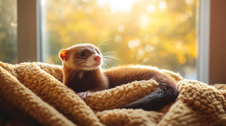 A cute ferret lounges on a fluffy blanket, basking in warm sunlight. The peaceful scene captures the essence of comfort and tranquility in a cozy indoor environment.の素材