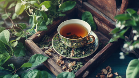 A serene scene featuring a cup of aromatic herbal tea nestled among fresh leaves. The warm infusion invites relaxation and tranquility in a natural setting.の素材