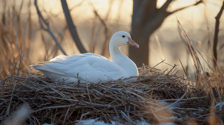 A serene snow goose rests on its nest as the sun rises, casting warm light on its feathers. This tranquil moment captures the beauty of wildlife in a natural setting.の素材