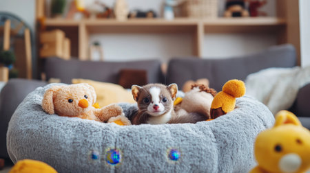 This heartwarming scene features a cute ferret nestled in a soft bed surrounded by plush toys in a cozy living room setting, radiating warmth and comfort.の素材