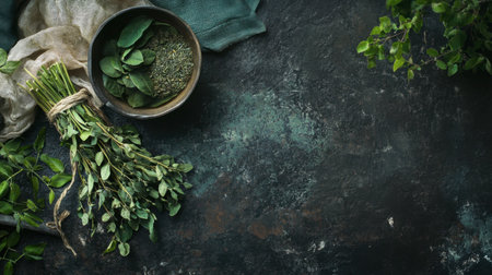 A visually appealing arrangement of fresh herbs and leaves on a dark slate background, perfect for culinary projects and food photography.の素材